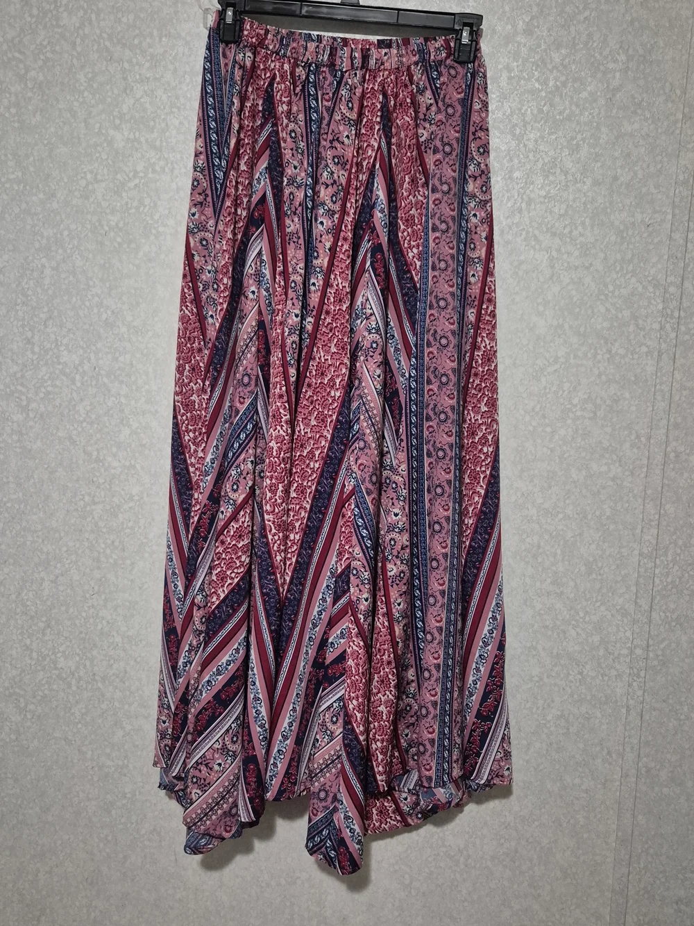 Bohemian Pink Patterned Maxi Skirt with Navy Accents